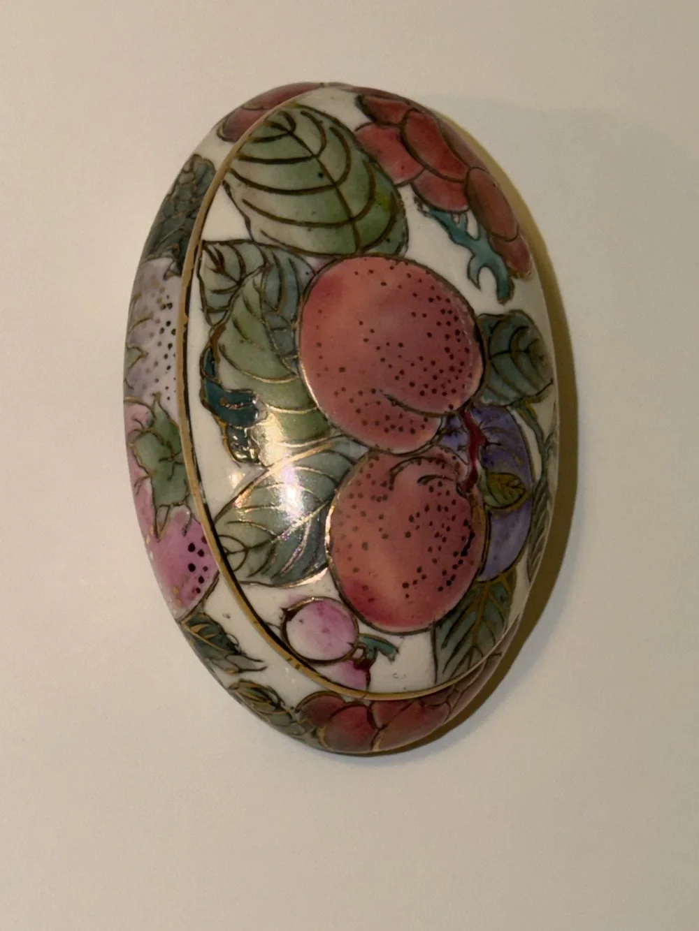 Vtg Toyo China Oval Porcelain Box Enamel Peaches & Fruit Motif Dish w/ gold trim